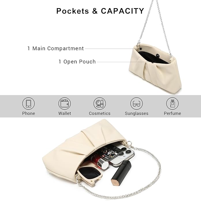 Dasein Elegant Pleated Evening Bag Soft Vegan Leather Clutch Purse Dressy Formal Handbag with 2 Chain Straps for Women