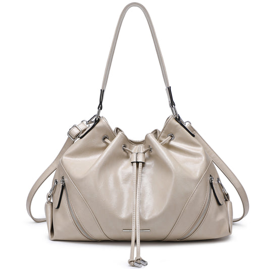 Dasein Soft Vegan Leather Drawstring Shoulder Bag Large Capacity Hobo Purse