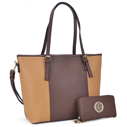 Two-Tone Tote with Matching Wallet-Handbags & Purses-Dasein Bags