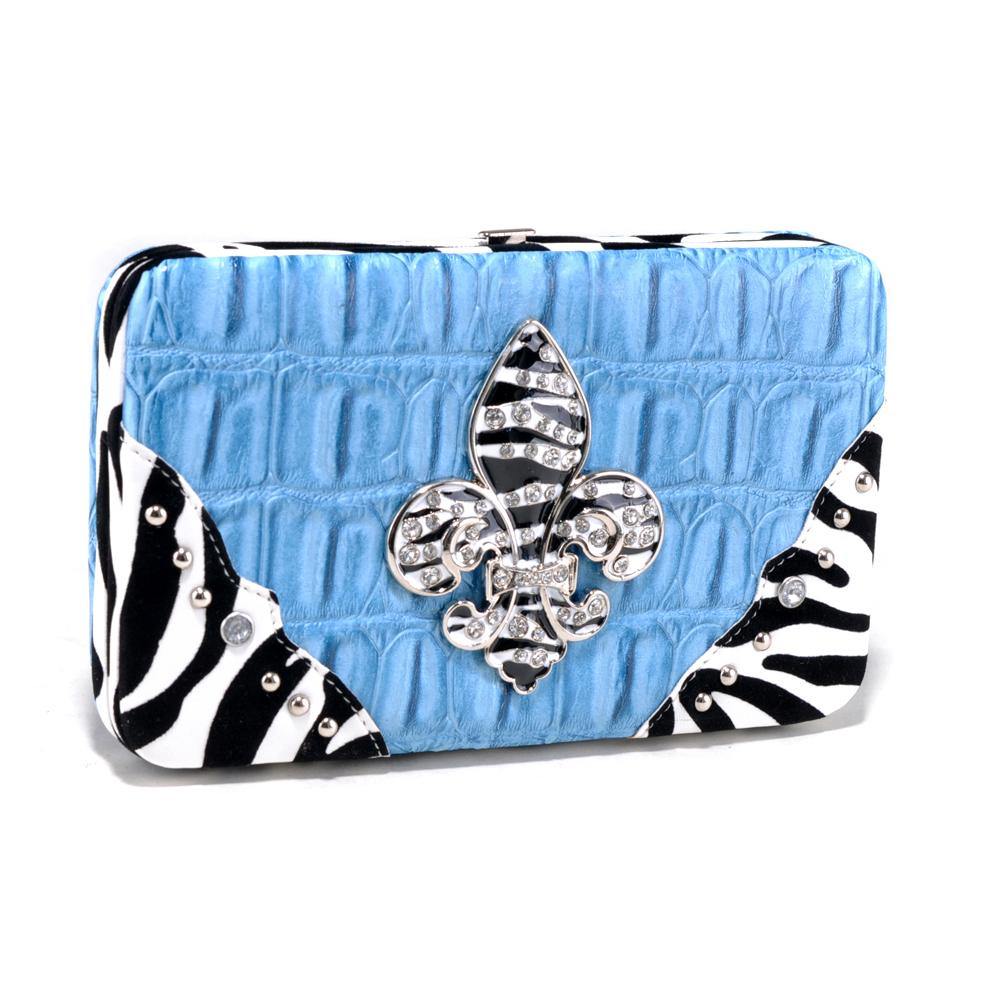 Croco Embossed Wallet with Zebra Trim and Rhinestone Fleur de Lis - Dasein Bags