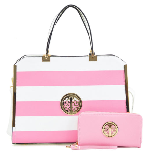 Striped Emblem Handbag with Matching Wallet-Handbags & Purses-Dasein Bags