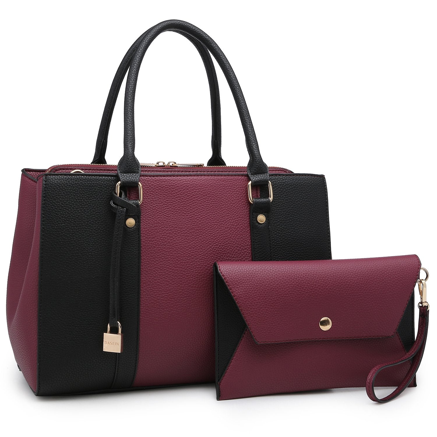 Padlock Two-Tone Satchel with Matching Wristlet-Handbags & Purses-Dasein Bags