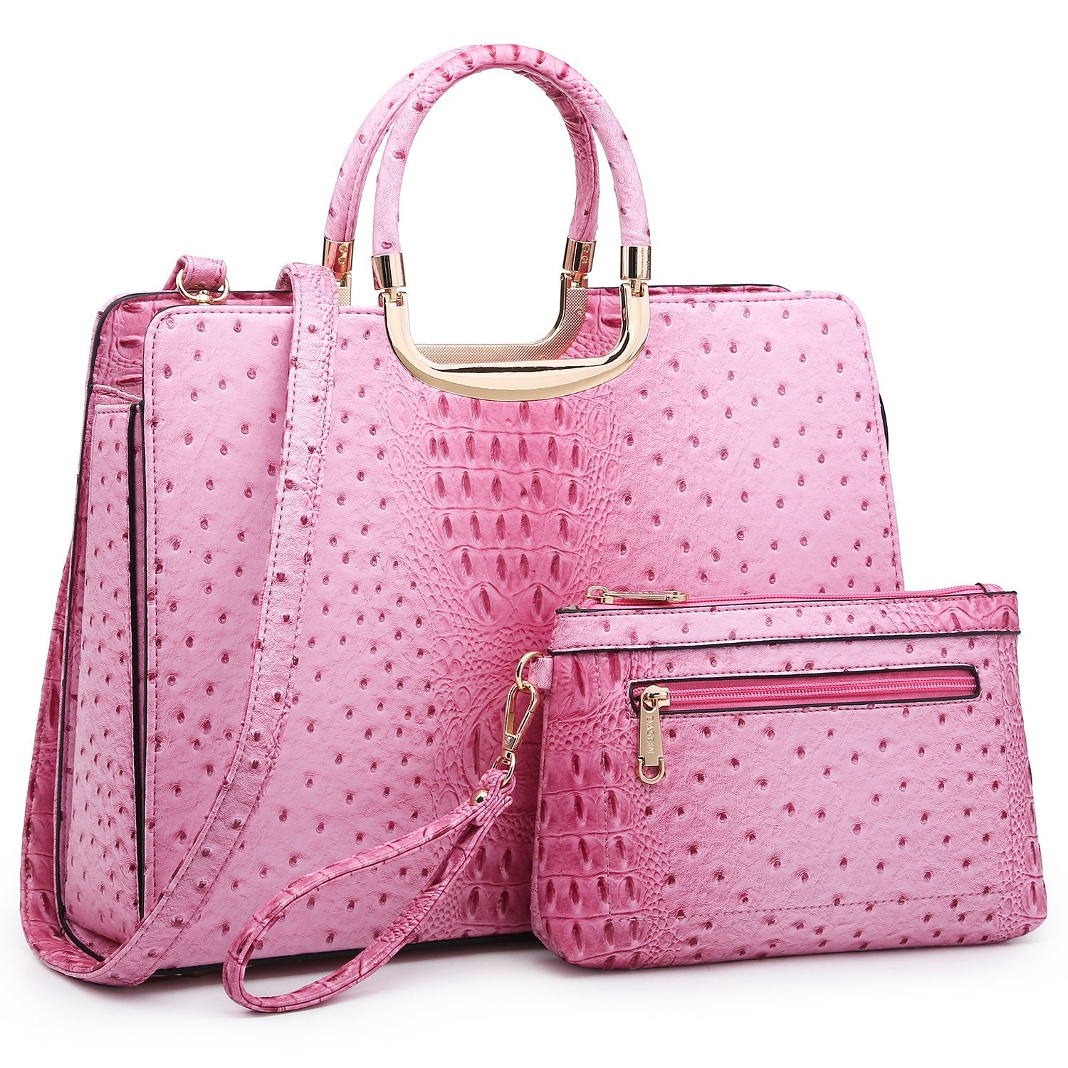 Ostrich Embossed Handbag with Matching Wallet-Handbags & Purses-Dasein Bags