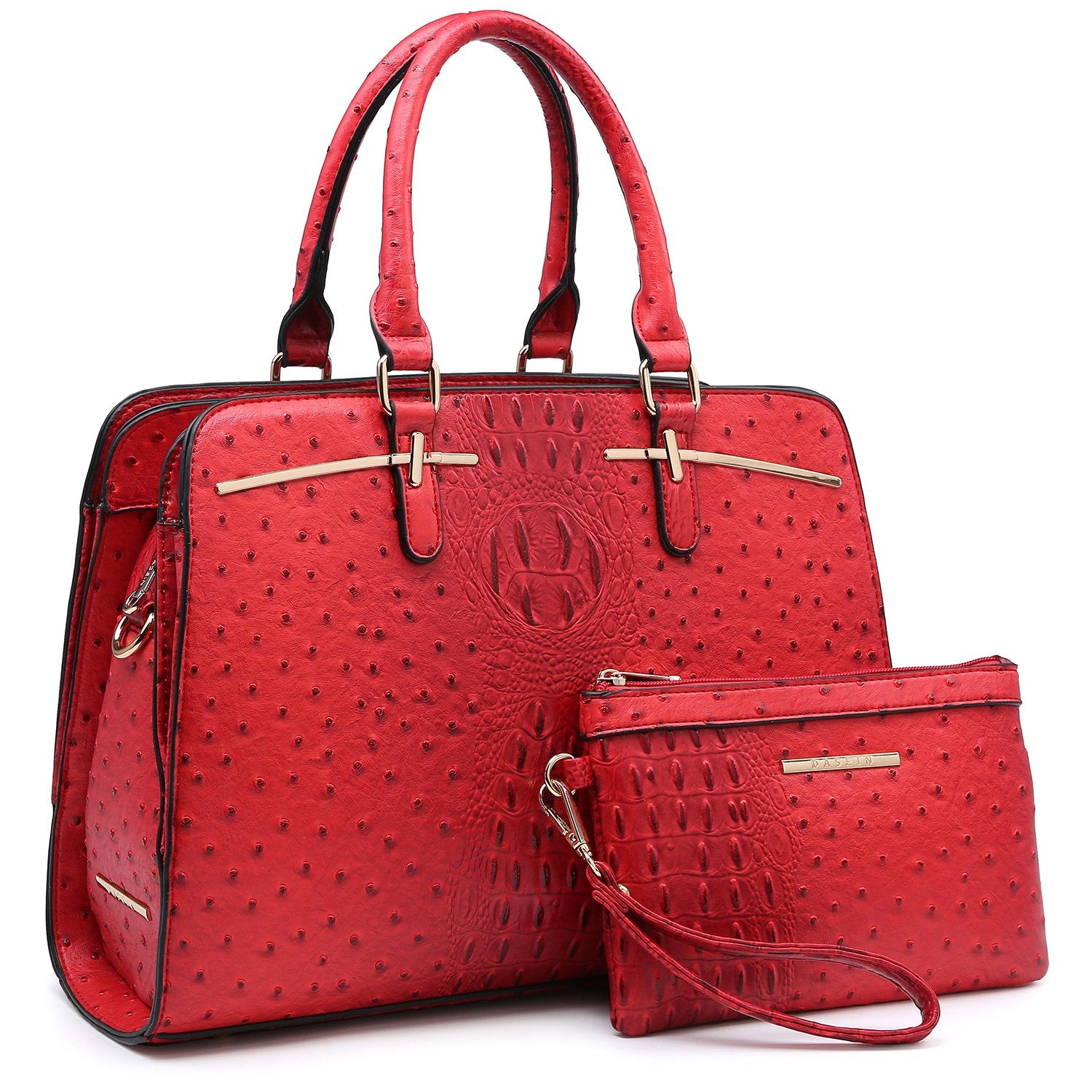Ostrich Embossed Handbag with Matching Wallet-Handbags & Purses-Dasein Bags