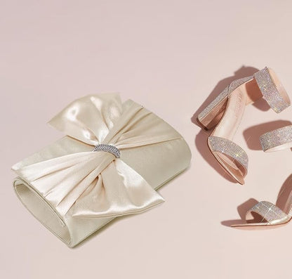 Women Elegant Satin Bow Flap Evening Bag Rhinestone Clutch Purse Handbag Formal/Wedding/Prom/Party