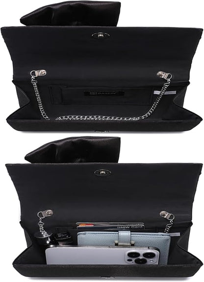 Women Elegant Satin Bow Flap Evening Bag Rhinestone Clutch Purse Handbag Formal/Wedding/Prom/Party