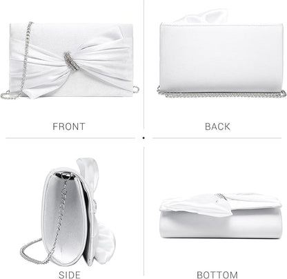 Women Elegant Satin Bow Flap Evening Bag Rhinestone Clutch Purse Handbag Formal/Wedding/Prom/Party