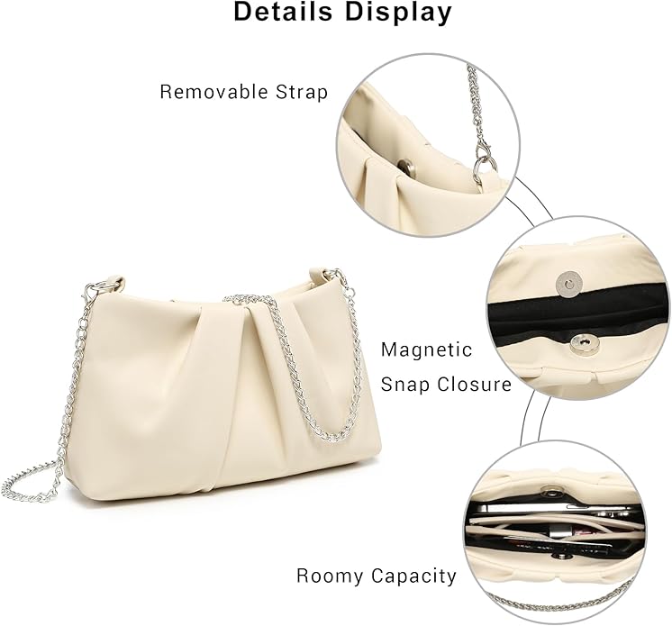 Dasein Elegant Pleated Evening Bag Soft Vegan Leather Clutch Purse Dressy Formal Handbag with 2 Chain Straps for Women