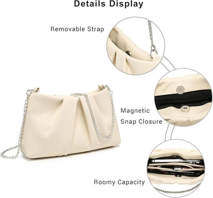 Dasein Elegant Pleated Evening Bag Soft Vegan Leather Clutch Purse Dressy Formal Handbag with 2 Chain Straps for Women