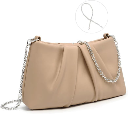 Dasein Elegant Pleated Evening Bag Soft Vegan Leather Clutch Purse Dressy Formal Handbag with 2 Chain Straps for Women