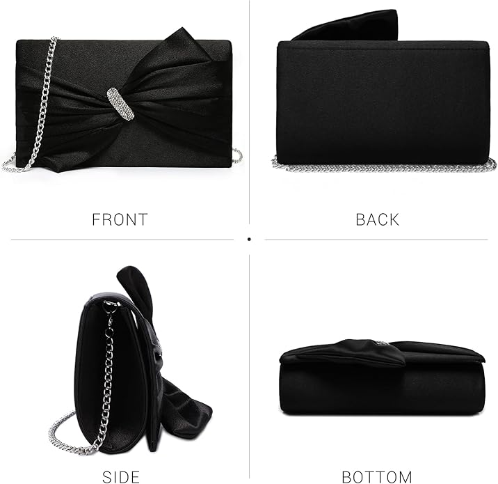 Women Elegant Satin Bow Flap Evening Bag Rhinestone Clutch Purse Handbag Formal/Wedding/Prom/Party