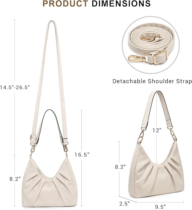 Dasein Ruched Hobo Handbag for Women Retro Shoulder Purse Crossbody Bag with 2 Removable Straps