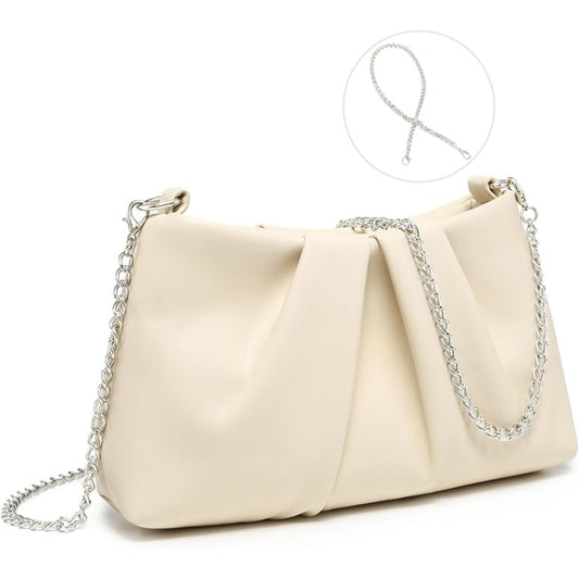 Dasein Elegant Pleated Evening Bag Soft Vegan Leather Clutch Purse Dressy Formal Handbag with 2 Chain Straps for Women