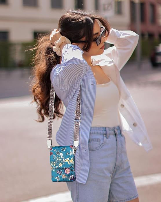 Vegan Leather Small Crossbody Bags for Women, 3 Compartment Cell Phone Wallet Purses with Adjustable Guitar Strap