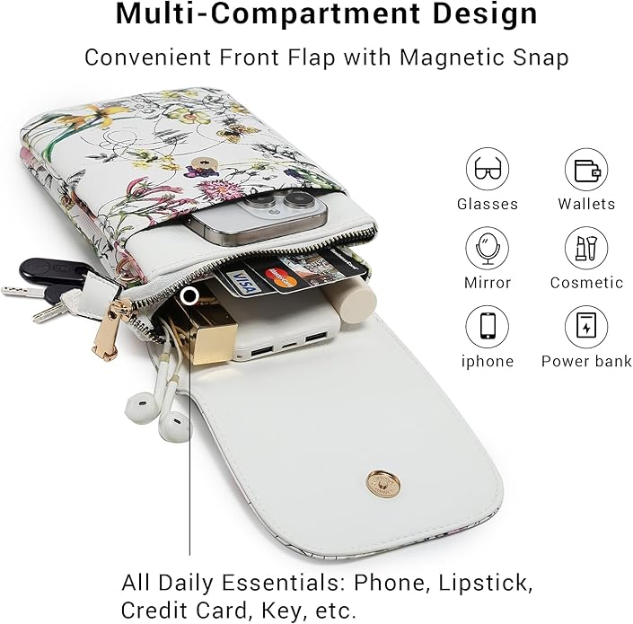 Vegan Leather Small Crossbody Bags for Women, 3 Compartment Cell Phone Wallet Purses with Adjustable Guitar Strap