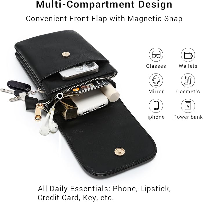 Vegan Leather Small Crossbody Bags for Women, 3 Compartment Cell Phone Wallet Purses with Adjustable Guitar Strap