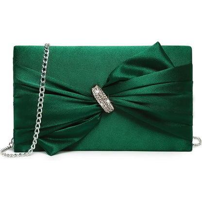 Women Elegant Satin Bow Flap Evening Bag Rhinestone Clutch Purse Handbag Formal/Wedding/Prom/Party