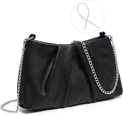 Dasein Elegant Pleated Evening Bag Soft Vegan Leather Clutch Purse Dressy Formal Handbag with 2 Chain Straps for Women