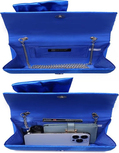Women Elegant Satin Bow Flap Evening Bag Rhinestone Clutch Purse Handbag Formal/Wedding/Prom/Party