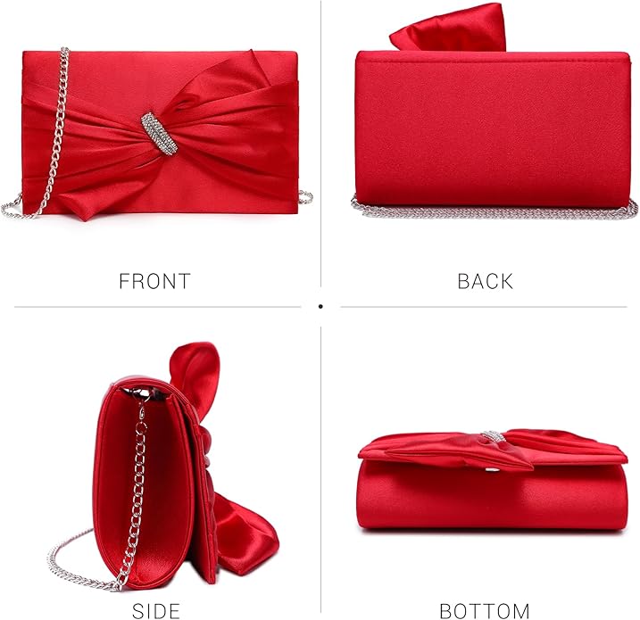 Women Elegant Satin Bow Flap Evening Bag Rhinestone Clutch Purse Handbag Formal/Wedding/Prom/Party