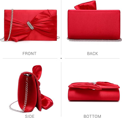 Women Elegant Satin Bow Flap Evening Bag Rhinestone Clutch Purse Handbag Formal/Wedding/Prom/Party