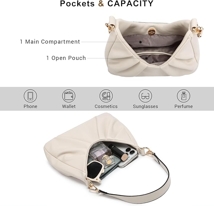 Dasein Ruched Hobo Handbag for Women Retro Shoulder Purse Crossbody Bag with 2 Removable Straps