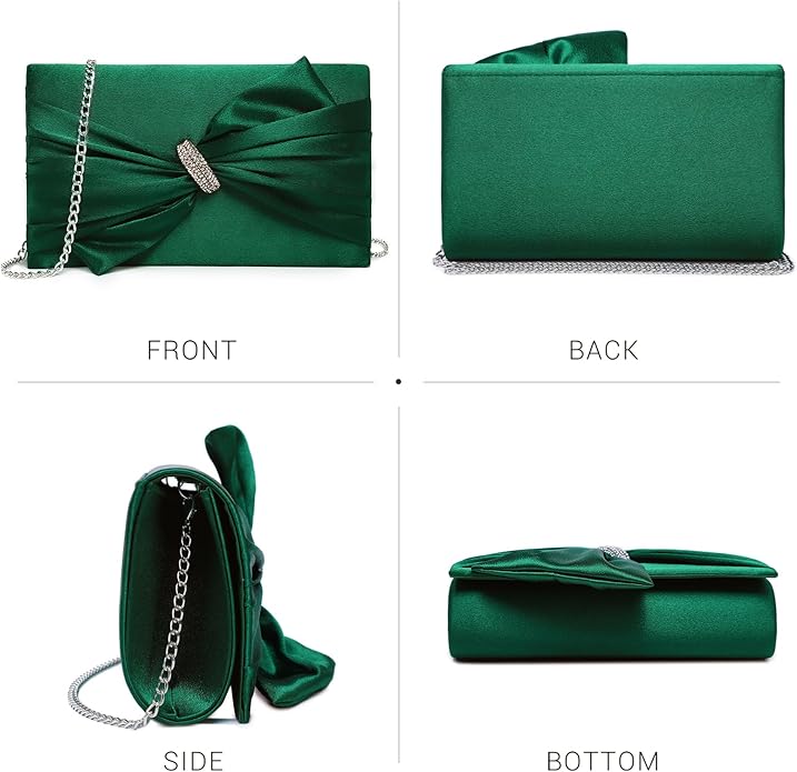 Women Elegant Satin Bow Flap Evening Bag Rhinestone Clutch Purse Handbag Formal/Wedding/Prom/Party