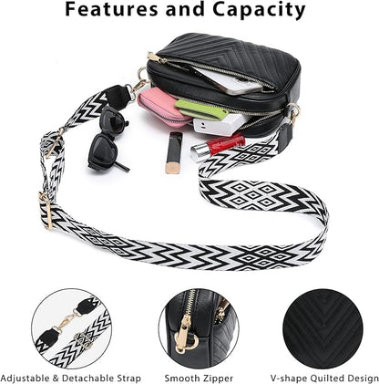 Quilted Crossbody Bags Vegan Leather Purses Small Shoulder Handbags with Wide Strap Crossbody Purse for Women