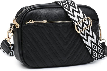Quilted Crossbody Bags Vegan Leather Purses Small Shoulder Handbags with Wide Strap Crossbody Purse for Women