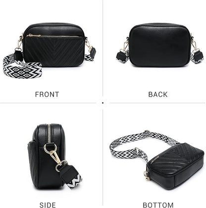 Quilted Crossbody Bags Vegan Leather Purses Small Shoulder Handbags with Wide Strap Crossbody Purse for Women