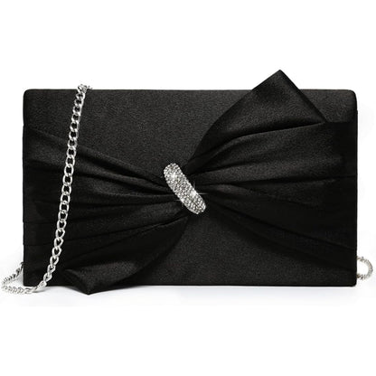 Women Elegant Satin Bow Flap Evening Bag Rhinestone Clutch Purse Handbag Formal/Wedding/Prom/Party