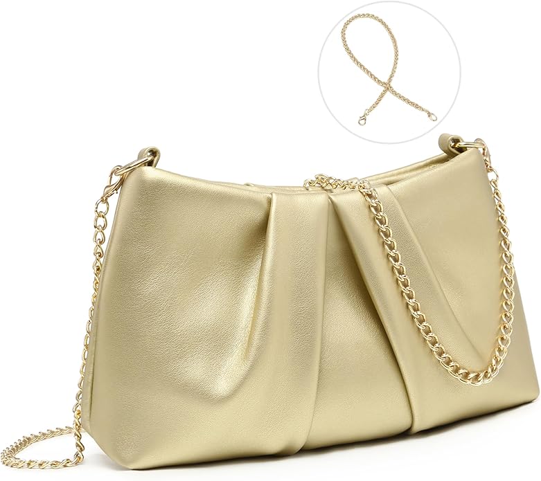Dasein Elegant Pleated Evening Bag Soft Vegan Leather Clutch Purse Dressy Formal Handbag with 2 Chain Straps for Women