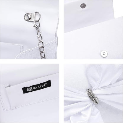 Women Elegant Satin Bow Flap Evening Bag Rhinestone Clutch Purse Handbag Formal/Wedding/Prom/Party