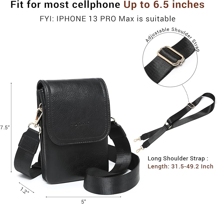 Vegan Leather Small Crossbody Bags for Women, 3 Compartment Cell Phone Wallet Purses with Adjustable Guitar Strap
