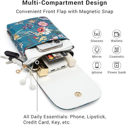 Vegan Leather Small Crossbody Bags for Women, 3 Compartment Cell Phone Wallet Purses with Adjustable Guitar Strap