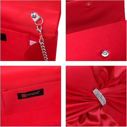 Women Elegant Satin Bow Flap Evening Bag Rhinestone Clutch Purse Handbag Formal/Wedding/Prom/Party