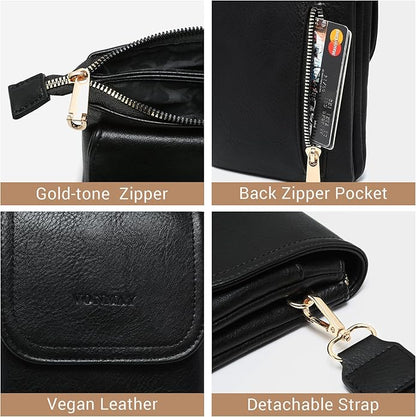 Vegan Leather Small Crossbody Bags for Women, 3 Compartment Cell Phone Wallet Purses with Adjustable Guitar Strap