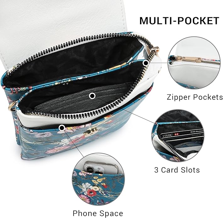 Vegan Leather Small Crossbody Bags for Women, 3 Compartment Cell Phone Wallet Purses with Adjustable Guitar Strap