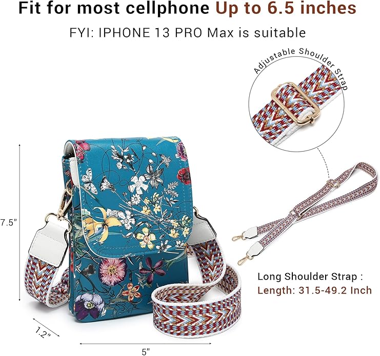 Vegan Leather Small Crossbody Bags for Women, 3 Compartment Cell Phone Wallet Purses with Adjustable Guitar Strap