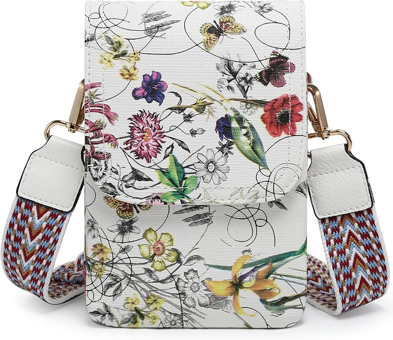 Vegan Leather Small Crossbody Bags for Women, 3 Compartment Cell Phone Wallet Purses with Adjustable Guitar Strap