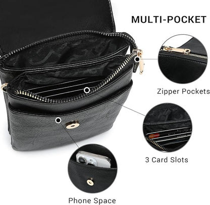 Vegan Leather Small Crossbody Bags for Women, 3 Compartment Cell Phone Wallet Purses with Adjustable Guitar Strap