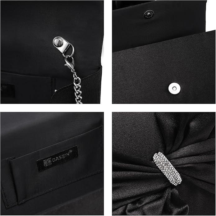 Women Elegant Satin Bow Flap Evening Bag Rhinestone Clutch Purse Handbag Formal/Wedding/Prom/Party