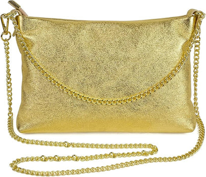 Dasein Italian Genuine Leather Handbag for Women Clutch Evening Bag Gold Chain Strap Shoulder Bag Crossbody Purse