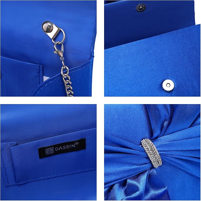 Women Elegant Satin Bow Flap Evening Bag Rhinestone Clutch Purse Handbag Formal/Wedding/Prom/Party