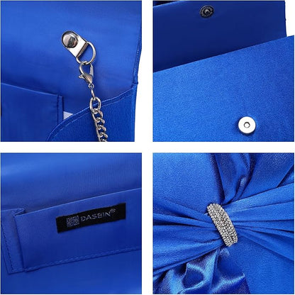 Women Elegant Satin Bow Flap Evening Bag Rhinestone Clutch Purse Handbag Formal/Wedding/Prom/Party
