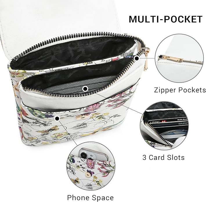 Vegan Leather Small Crossbody Bags for Women, 3 Compartment Cell Phone Wallet Purses with Adjustable Guitar Strap
