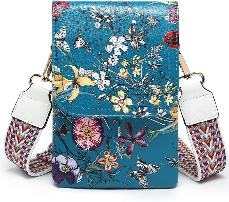 Vegan Leather Small Crossbody Bags for Women, 3 Compartment Cell Phone Wallet Purses with Adjustable Guitar Strap