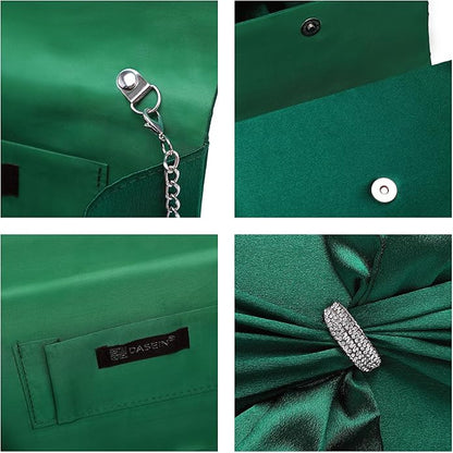 Women Elegant Satin Bow Flap Evening Bag Rhinestone Clutch Purse Handbag Formal/Wedding/Prom/Party
