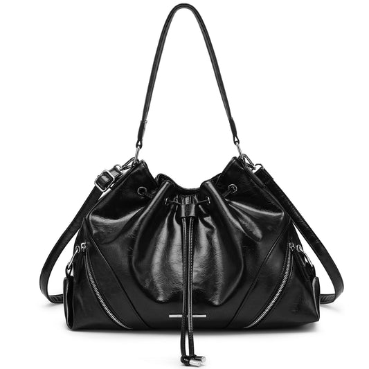 Dasein Soft Vegan Leather Drawstring Shoulder Bag  Large Capacity Hobo Purse