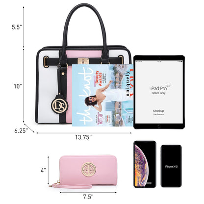 Two Tone Satchel Top Handle Bags Work Tote with Matching Wallet l Dasein